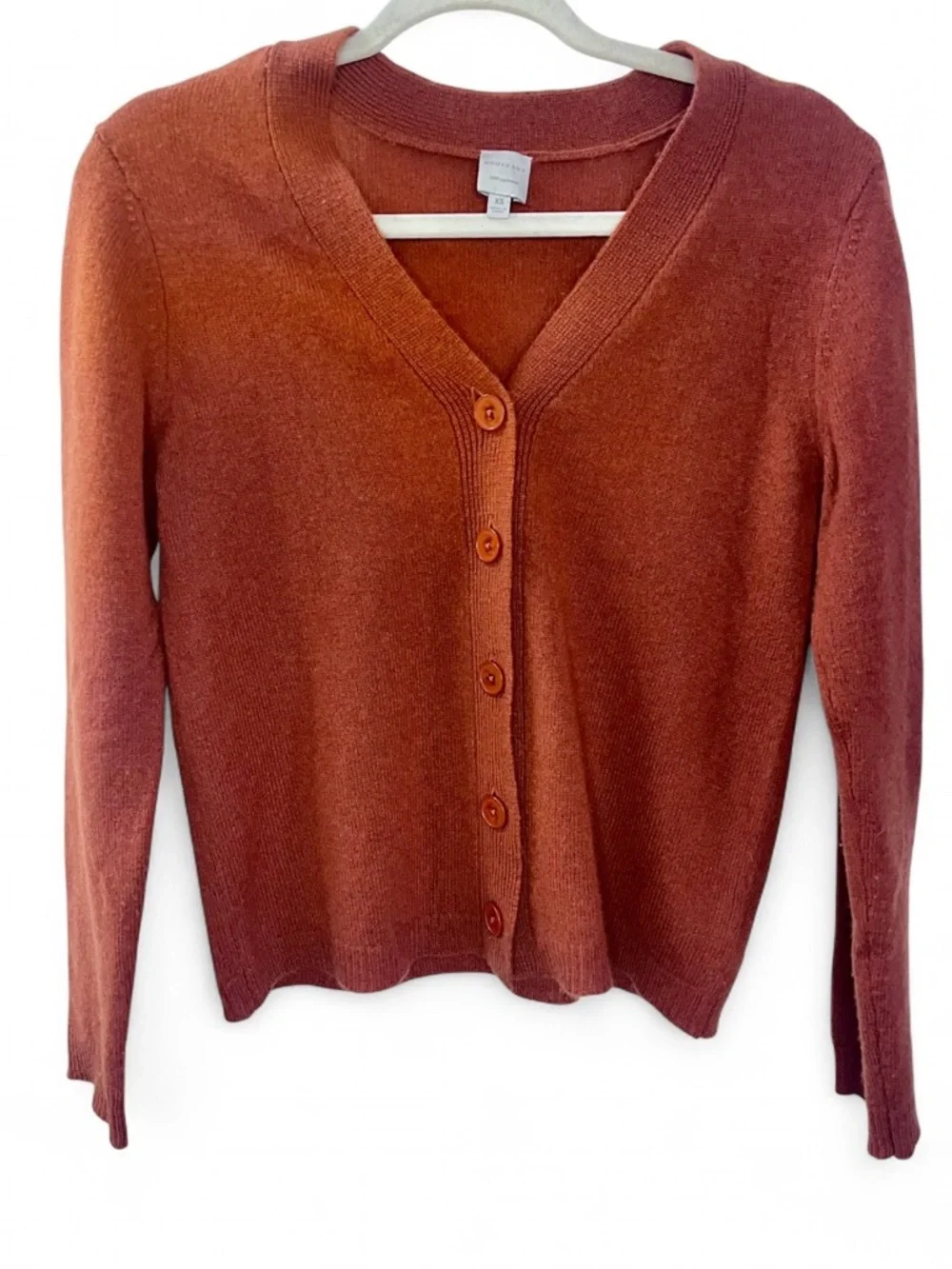 Nouveaux 100% Cashmere Cardigan XS Burnt Orange V Neck Button Front Sweater